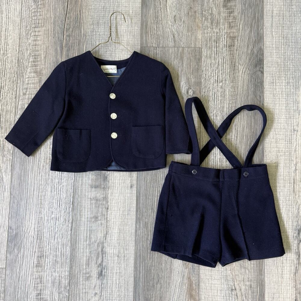 Vtg Toddler Boys Blazer Suspender Shorts Set Blue 3T Wool Toddlecrest Jacket